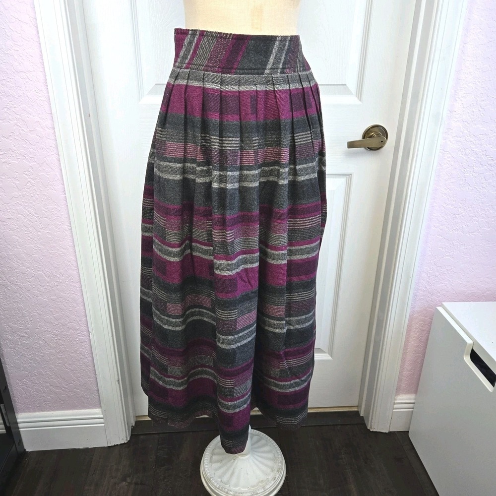 Diane Von Furstenberg Vtg Plaid Wool Pleated Midi Skirt Size 10 Purple Gray